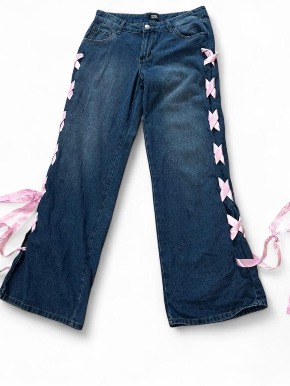 Dark Blue Women’s Jeans with Pink Ribbon Side Detail